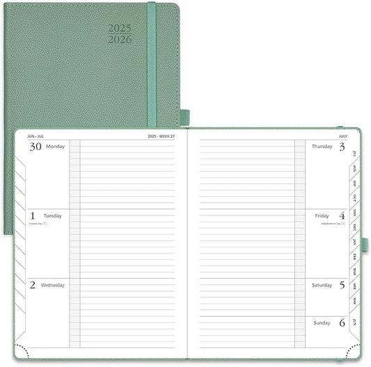 POPRUN Planner 2025-2026 (Medium 6.75''x 8.75''), Horizontal Weekly Notebook Jul.2025 - Jun.2026, Academic Appointment Book with Monthly Tabs, Leather Hardcover, Inner Pocket, 100 GSM - Midnight Green