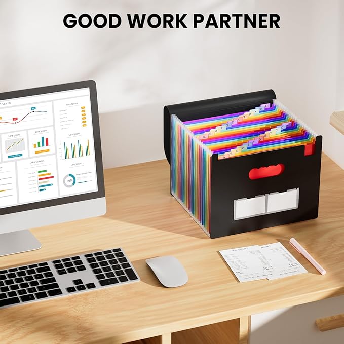 Sooez 24 Pockets Expanding File Folder with Blank Labels, According File Organizer with Expandable Cover, Desktop Accordion Folders Letter A4 Paper Document Storage Organizer, Red