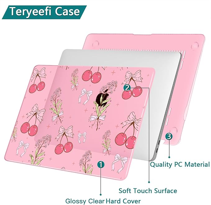 Teryeefi for MacBook Pro 13 inch Case A2338 M2 M1 Chip A2251 A2289 A2159 A1989 A1706 (2025 2024 2023 2022-2016), Clear Pink Hard Shell with Keyboard Cover Trackpad Film Type C Adapter,Pink Cherry W128