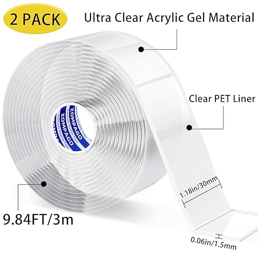 Heavy Duty Double Sided Nano Tape, 2Roll,1.18inx9.84F, Waterproof, Strong Adhesion, Clear, High Strength, No Residue Removability for Hanging, Wall Mounting, Home Decor, Adhesive for Shower