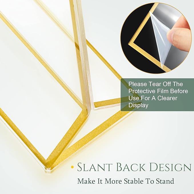 Hoteam 18 Pack Clear Acrylic Double Sided Frames Display Holder Gold Frames Acrylic Signs with Stand 2mm Gold Border for Wedding Restaurant Office Home Store Numbers Signs (5 x 7 Inch, Vertical)