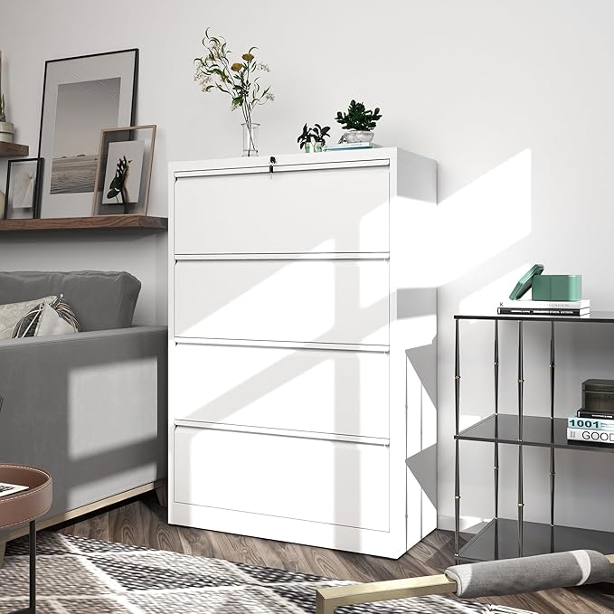 File Cabinets 4 Drawer,Metal Office Storage Filing Cabinet with Lock,White Lateral Filing Cabinet for Home Office,Horizontal Locking File Cabinets for Legal/Letter/A4,Assembly Require,White