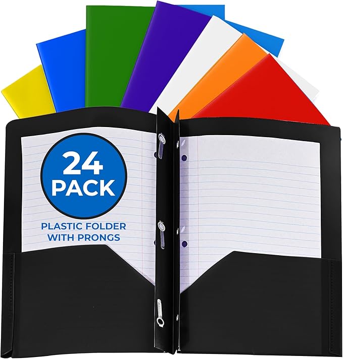 24 Pack Assorted Colors Plastic Folders with Pockets Heavy Duty. 2 Pocket Folder with Prongs Bulk. Tear-Resistant Letter Size 8.5x11. Presentation Ready School and Office Supplies