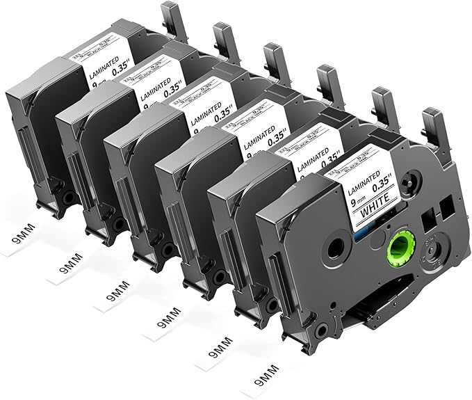 TZe-221 9mm 0.35 Laminated White Tape Replace for Brother P-Touch Label Tape 9 mm TZe Tz Black on White TZe221 AZe-221 for PT-D210 D200 1190 1750 Label Maker Refills 3/8 Inch, 6-Pack