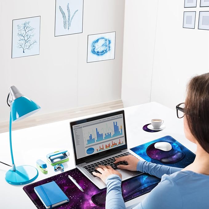 ARTSO Large Mouse Pad and Keyboard Wrist Rest, Ergonomic Mouse Pad with Wrist Support, Non-Slip Desk Mat Protector for Office, Home -Blue Purple Cosmic Nebula