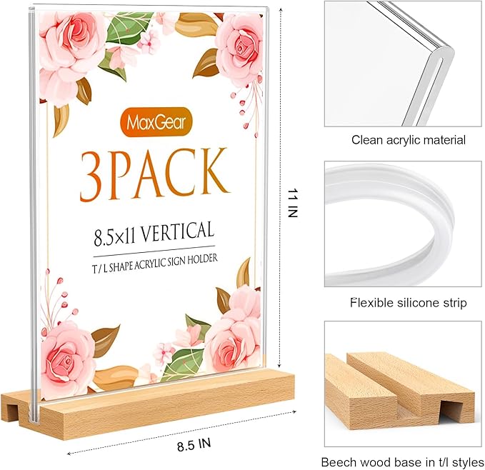 MaxGear L/T Shape Acrylic Sign Holder, 8.5 X 11 Clear Table Display Stand with Wooden Base, Flyer Menu Holder Photo Frames Paper Stand for Office, Wedding, Restaurants, Hotels 3 Pack