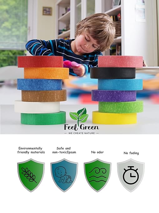 Lichamp Colored Tape, 12 Rolls Colorful Masking Tape Painters Color Craft Tapes for Labeling Classroom, 0.6 inch x 15 Yards (45 Feet) Per Roll (Total 180 Yard, 540 Feet)