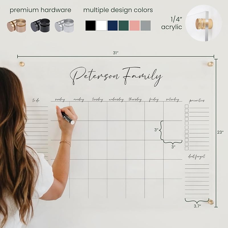 Personalized Clear Acrylic Calendar for Wall, Calendar Whiteboard for Wall, Dry Erase Wall Calendar, Wall Calendar Organizer System for Home (Cursive, Blush, 31"W x 23"H)