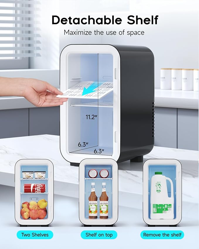 Mini Fridge,6 Liter / 8 Can Small Fridge for Bedroom, Car, Office & Dorm, 110V AC/DC Portable Thermoelectric Cooler & Warmer for Skincare, Food, Drinks,Black