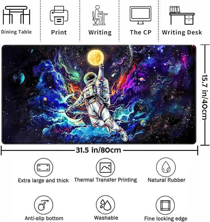 Astronaut Desk Space Mouse Pad for Boys - Galaxy Gaming Mouse Pad, 31.5x15.7in, Stitched Edges