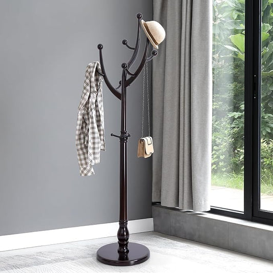 Tree Coat Rack Freestanding with Round Base, Unique Coat Hanger Stand, Heavy Duty Standing Coat Rack Clothes Stand for Winter Jacket, Hat, Entryway/Hallway/Bedroom, Red Brown
