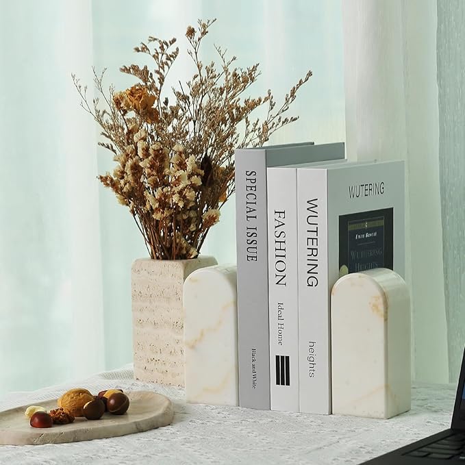 Koville Natural Marble Bookends for Shelves, Decorative Book Ends, 7lbs Heavy-Duty Marble Book Holders, Bookshelf Apartment Decor for Normal Books/CD/Video Games Calacatta