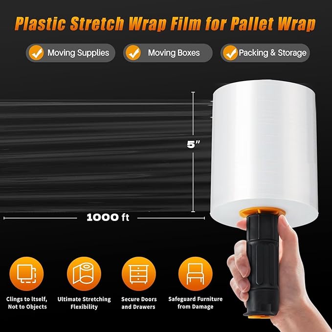 BETU Plastic Wrap Stretch Film for Moving Supplies 5inch X 1000ft, Shrink Wrap Stretch Roll Industrial for Furniture Wrapping Shipping Pallet Moving Boxes Storage with Handles, 1 Pack, Clear