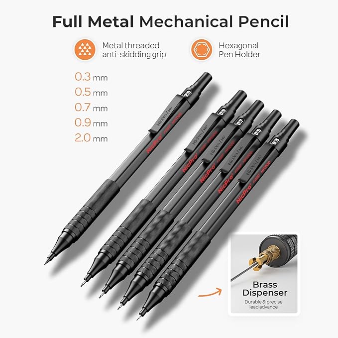 Nicpro 20PCS Black Metal Mechanical Pencil Set in Leather Case, Drafting Pencil 0.3, 0.5, 0.7, 0.9 mm & 2mm Lead Holders, 9 Tube (4B 2B HB 2H Colors) Lead Refills, Erasers For Art Sketching Drawing