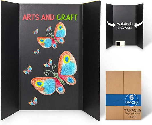 EPI Tri Fold Cardboard Display Board. Large 36 x 48in Black Tri-fold Poster 6 Pack. Professional Presentation Boards with Rounded Corners for Science Fair Project, School and Business Presentations