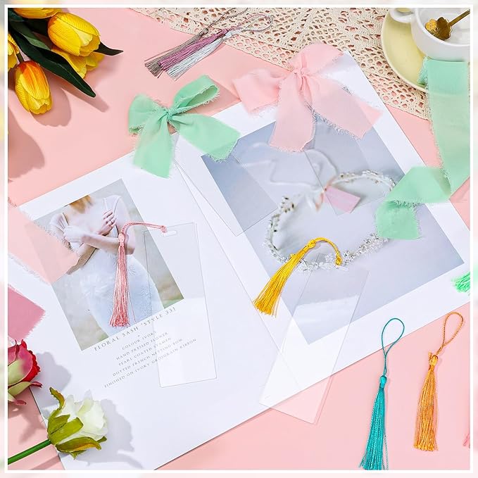 100 Pieces Acrylic Bookmark Blanks, Clear Acrylic Bookmarks with 30 Pieces Tassels and 4 Rolls Chiffon Silk Ribbon, Transparent DIY Bookmarks for Book Lover Crafts Present Tag Reading Accessories
