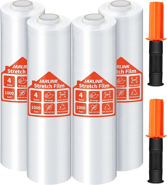 JARLINK Stretch Film, 15 Inch x 1000 Feet Shrink Wrap for Pallet Wrap, Industrial Strength Stretch Wrap with Handles, Moving Wrapping Plastic Roll, 60 Gauge, 4 Pack
