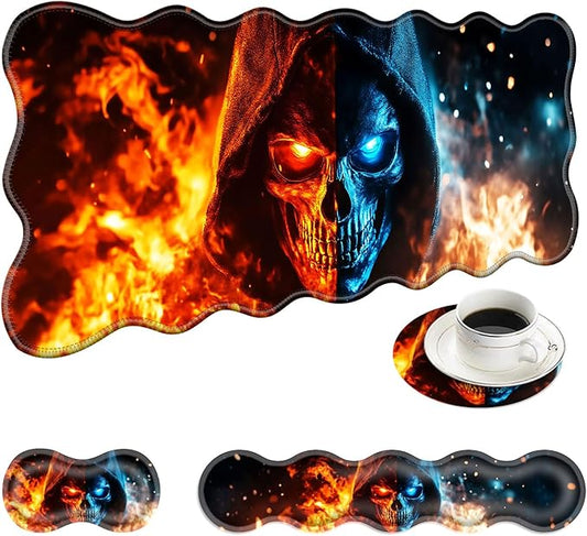 Large Mouse Pad and Keyboard Wrist Rest, Desk Pad for Keyboard and Mouse, 4-in-1 Large Gaming Mouse Pad with Wrist Support, Desk Mat for Home Office Study Game-Flaming Skull