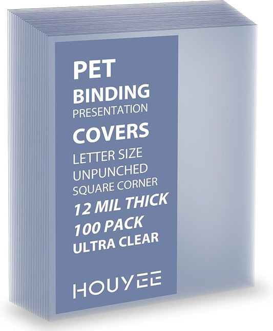 HOUYEE 100 Pack Ultra Clear Binding Presentation Covers, Clear Report Covers, Polythylene Terephthalate,12 Mil,8-1/2 x 11 Inches, Letter Size