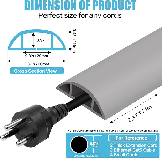 Floor Cord Cover Cavity 0.8"x0.37" Self Adhesive Cord Hider, 3.3FT Low Profile Cable Management, Extension Strip Protector for Wires, Prevent Cable Trips for Offices, Gyms, Exhibitions (Gray)