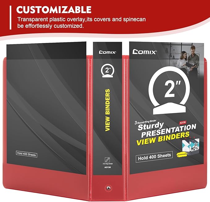 COMIX 3 Ring Binder 2 inch with Clear View Cover, 2" View Binder Holds 450 Sheets of US Letter Size Paper, 6 Pack (Red)