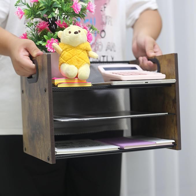 Wood Desk Organizer - 3-Tier Desktop File Organizer, Wooden Paper Tray, Office Desk Organzier and Accessories for Papers, Mail, Notebooks, Stationery