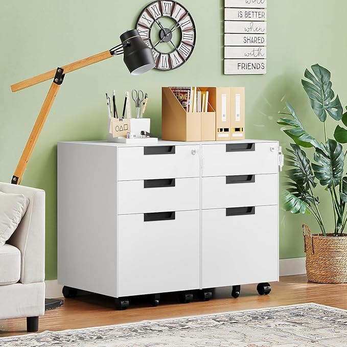 Letaya 3 Drawer Mobile File Cabinet with Lock,Under Desk Metal Small Filing Cabinets for Home Office Organizer Letters/Legal/A4(Fully Assembled Except Wheels-White)