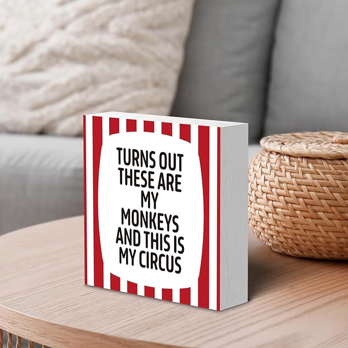 Funny Stripes Office Home Desk Table Decor Wood Sign - Turns Out These Are My Monkeys And This Is My Circus, Fun Desk Accessories for Work, Office Decorations for Work Women, Boss Gift, 5x5 Inch