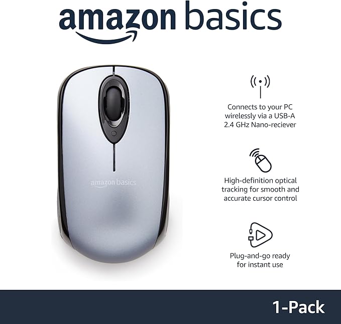 Amazon Basics 2.4 Ghz Wireless Optical Computer Mouse with USB Nano Receiver, Silver