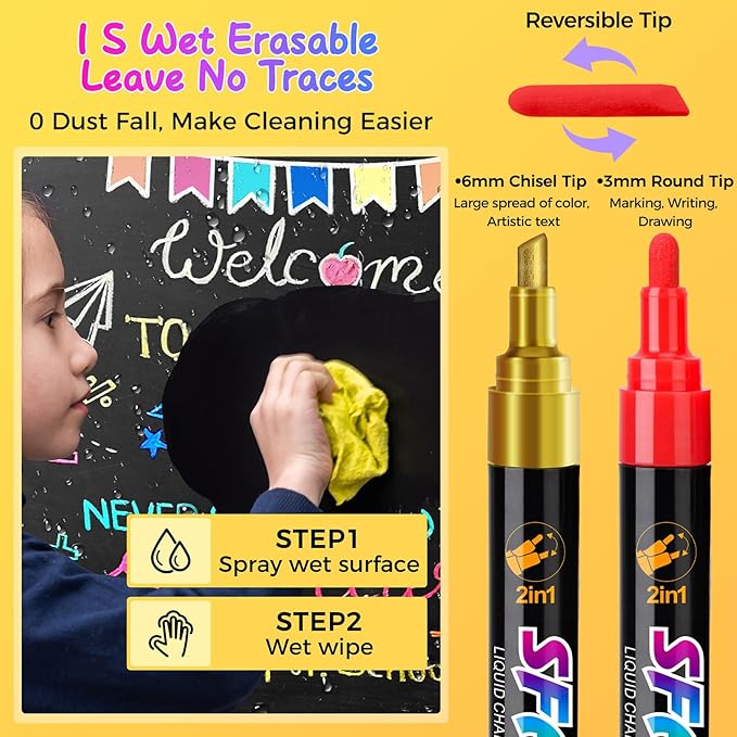 SFAIH 24 Vibrant Chalk Markers for Blackboard [1s Wet Wipe] - No Residue, 4.5-6mm Liquid Chalk Markers for School Sign Board, Calendar, Car Window, Glass, Non-Toxic, Zero Dust, With Highlighter Marker
