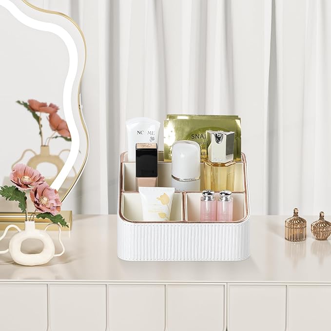 Remote Control Holder with 4 Compartments, PU Leather Small Nightstand Organizer for Home Desk Accessories Office Supplies, Multifunctional Stylish Small Bedside Desktop Organizers (White)