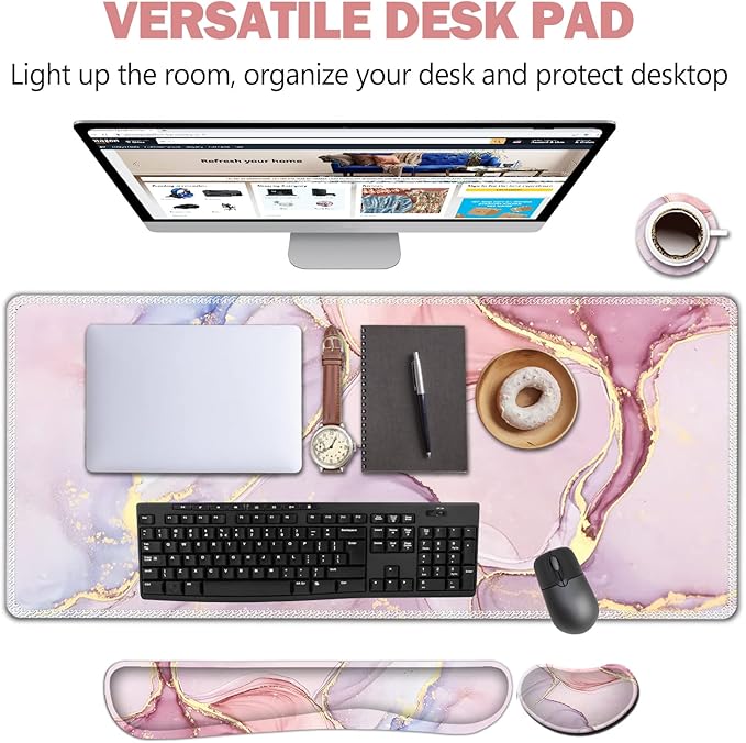 AIMSA Large Gaming Mouse Pad Set, Keyboard Wrist Rest Support Mouse Pad, Ergonomic Memory Foam Multifunctional Extended Desk Mat 35x15.7in Anti-Slip Rubber Base for Office Home, Pink Purple Marble