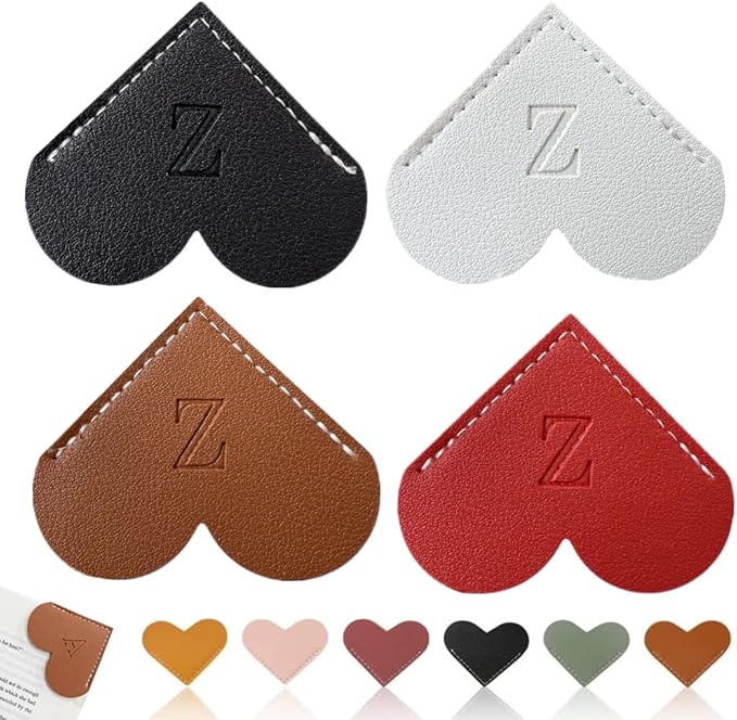 Personalized Leather Heart Bookmark, 26 Letters Customized Corner Book Mark for Reading, Book Holder Markers with Initials Page Book Accessories Cute Gifts (Black+White+Dark Brown+Red,Z)