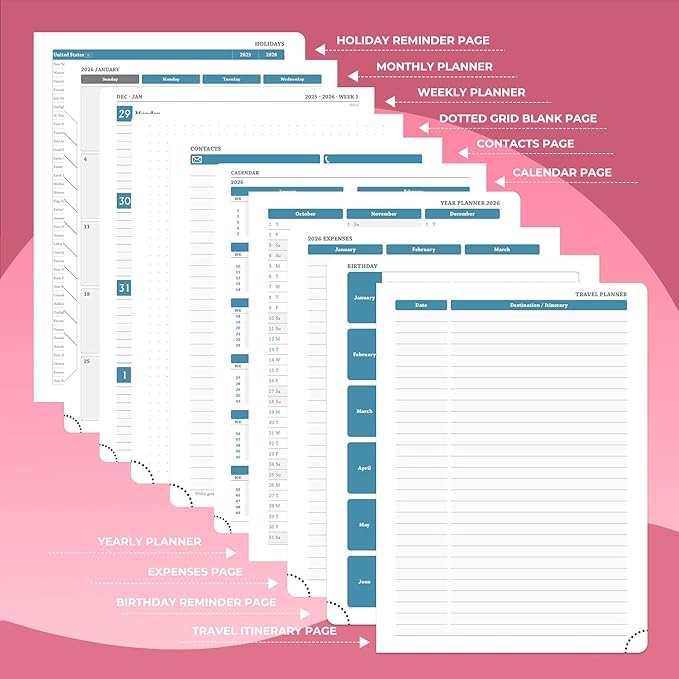 IN-LUXPRO Planner 2026 Daily Weekly and Monthly,11.5"x8.5",12 Months Spiral Bound Calendar Agenda with Self-adhesive Pen Holder,2026 Appointment Book with Vegan Leather Soft Cover,Rose Red