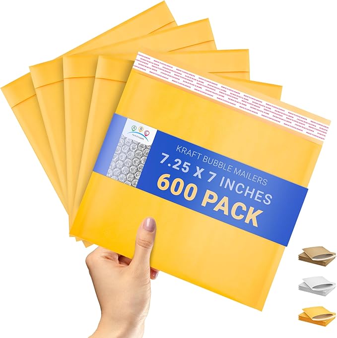ABC PACK & SUPPLY Yellow Kraft Bubble Mailer Envelopes, 7.25 x 7 Inches. 600 Pack Mail Padded Envelopes Self Seal. Kraft Bubble Mailers. Tear-Resistant Mailing Envelope Padded. Sturdy Paper Mailer