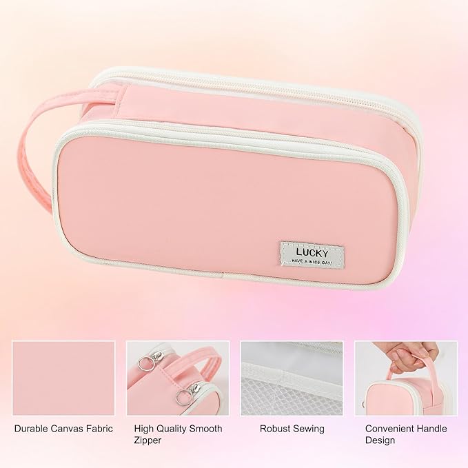 Pencil Case Large Zipper Pencil Pouch for Girls Kids Teens Adults Aesthetic Pencil Bag Stationery Organizer Pen Pencil Case with Handle for School Pink