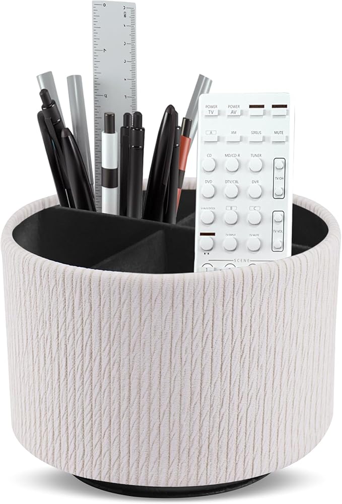 Hennaja Round Leather Art Supply Organizer,Remote Control Holder,360 Degree Spinning,Multi-Functional Pencil Holder,4 Compartments Desktop Stationary Organizer(1-Wood Beige)
