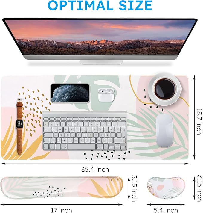 iCasso Desk Pad Mat, Big Ergonomic Mouse Pad,+ Keyboard Pad+Wrist Rest, Easy Typing Pain Relief, 3Pcs (35.4×15.7 in) Keyboard Mat Desk Mat for Keyboard and Mouse (Morlandi)
