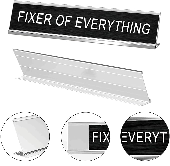 Fixer of Everything Funny Desk Signs for Office, Novelty Nameplate Office Decor Black Desk Plaque for Women Men Coworker Gift Home Supply Accessories 10 x 2"
