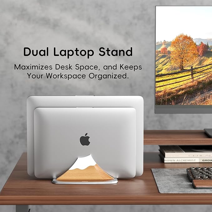Vertical Dual Laptop Stand - Snow Peak-Shaped Wooden Adjustable Laptop Holder,2 Slots Desktop Dock Compatible with All MacBook, Surface,Chromebook,Dell & More(Beechwood)