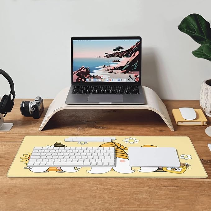 Famame Laptop Mouse Pad Cute Sunflower Bee Gnomes Desk Mat with Stitched Edges 31.5X 11.8 inch Non-Slip Large Keyboard Rubber Writing Table Mat for Office Home