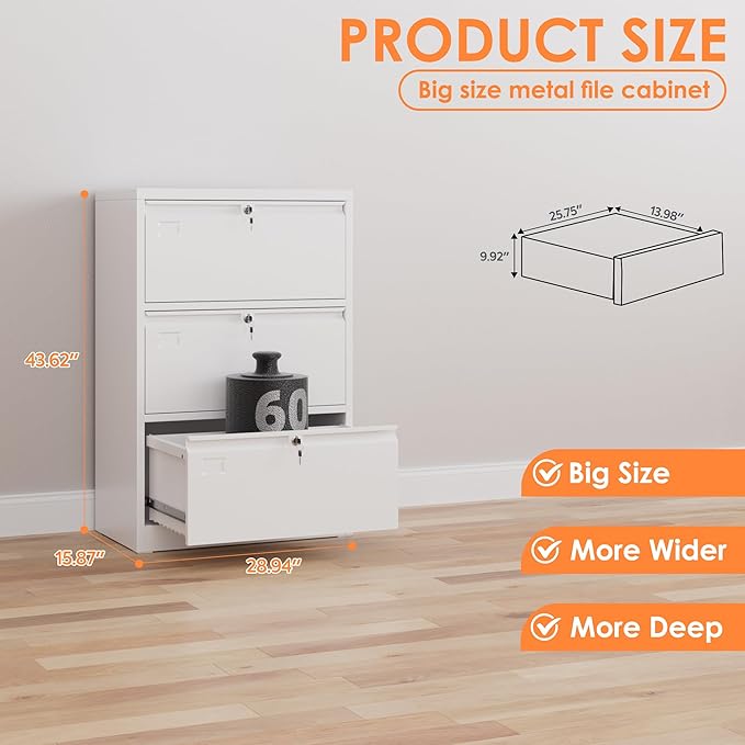 3 Drawer File Cabinet, Wide Metal Filing Cabinet, Official Storage File Cabinet for Letter/Legal/A4 Size, Assembly Required
