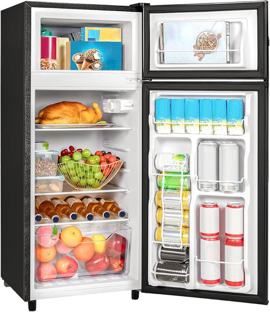 Double Door Refrigerator with Freezer, 4.5 Cu.Ft, Small Fridge with Freezer, 7 Settings Temperature Adjustable, Mini Refrigerator for Apartment Bedroom Dorm and Office (4.5 Cu.Ft, Black)