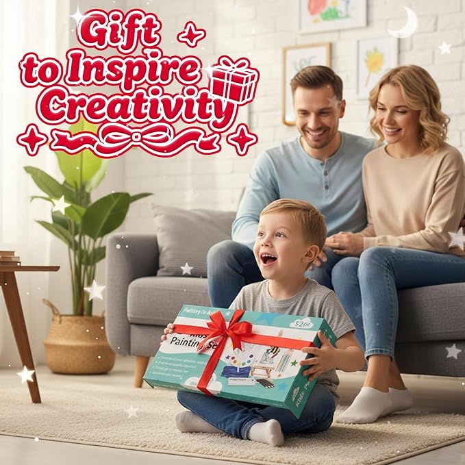 Falling in Art Painting Set for Kids with Table Easel-Acrylic Painting Starter Kit with Art Smock, 12 Acrylic Paints, 12 Water Soluble Colored Pencils, Paint Brushes, Canvas Panels and Watercolor Pad