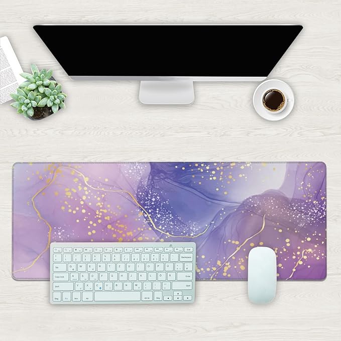 Desk Mat, Purple Rose and Lavender Liquid Marble Extended Gaming Mouse Pad Large, 31.5"x11.8" Big Mouse Pad with Non-Slip Base and Stitched Edge, Long Computer Keyboard Mouse Mat for Home Office Work