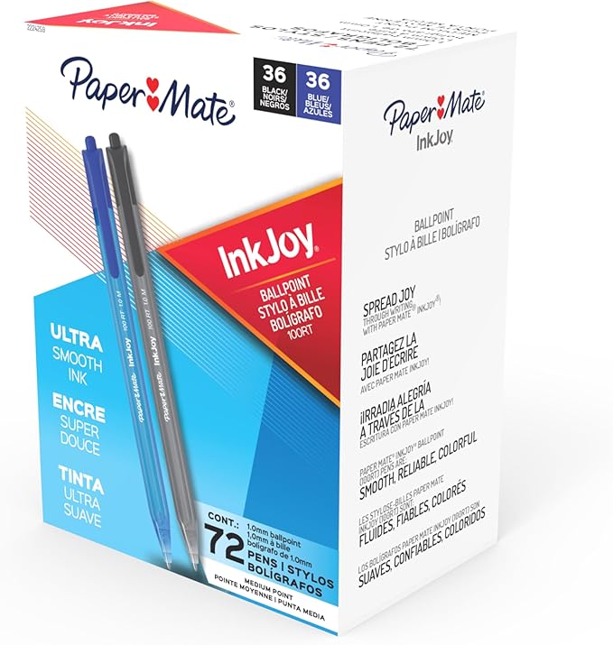 Paper Mate InkJoy 100RT Ballpoint Pens, Medium Point (1.0mm), Black and Blue Ink, 72 Count