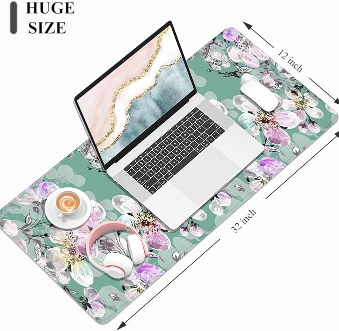Desk Mat, 32" x 12" XXL Extended Large Gaming Mouse Pad, Desktop Decor Desk Pad, Cute Men Women Office Supplies and Accessories, XL Mouse Mat for Laptop & Keyboard, Green Pink Peach Blossom