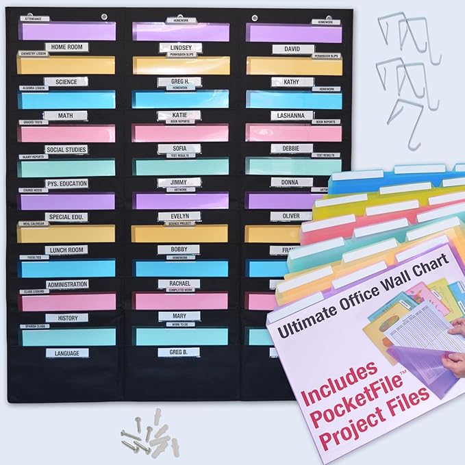 Ultimate Office WalMaster Heavy Duty, 30-Pocket Wall Chart Filing System WITH LABEL HOLDERS for Classroom and Office, Wall File Organizer PLUS 36 PocketFiles, Mounting Hardware & Door Hooks