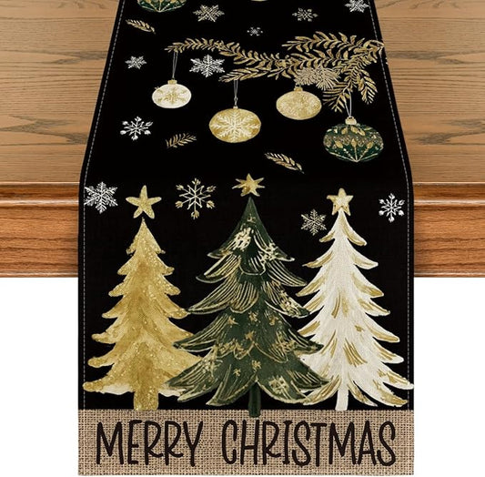 Artoid Mode Black Pine Trees Snowflake Merry Christmas Table Runner, Winter Holiday Kitchen Dining Table Decoration for Home Party Decor 13x72 Inch