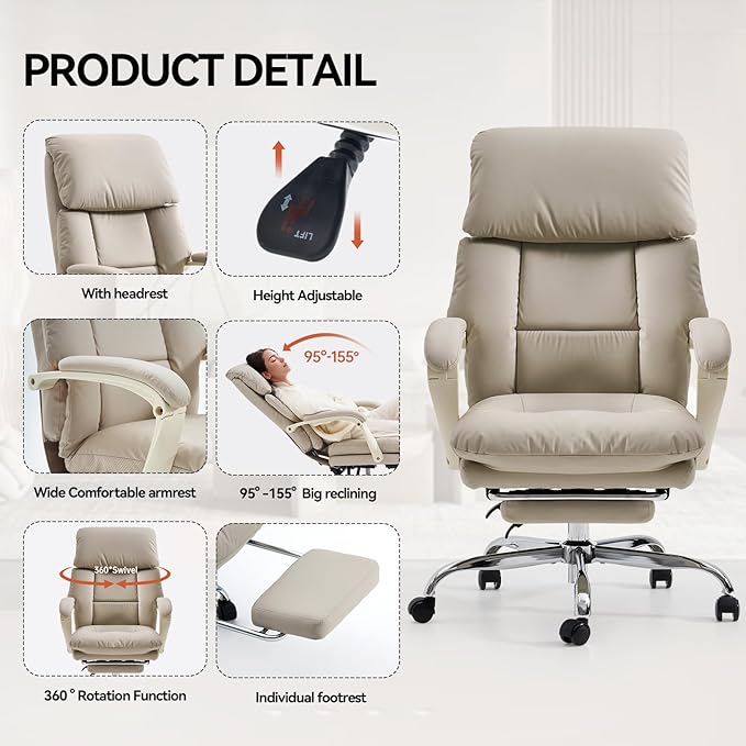 EMIAH Office Chair with Foot Rest, Ergonomic Executive Office Chair with Arms, Reclining High Back PU Leather Comfy Swivel Computer Desk Chairs with Wheels and Lumbar Support for Home Office, Beige